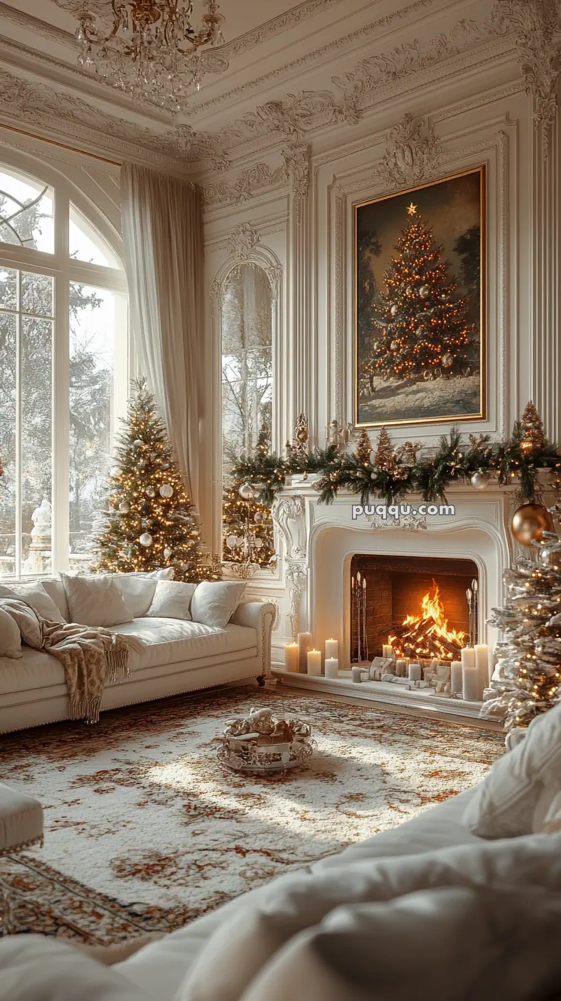 Elegant living room with a decorated Christmas tree, ornate fireplace, and plush sofas, illuminated by natural light from large windows.