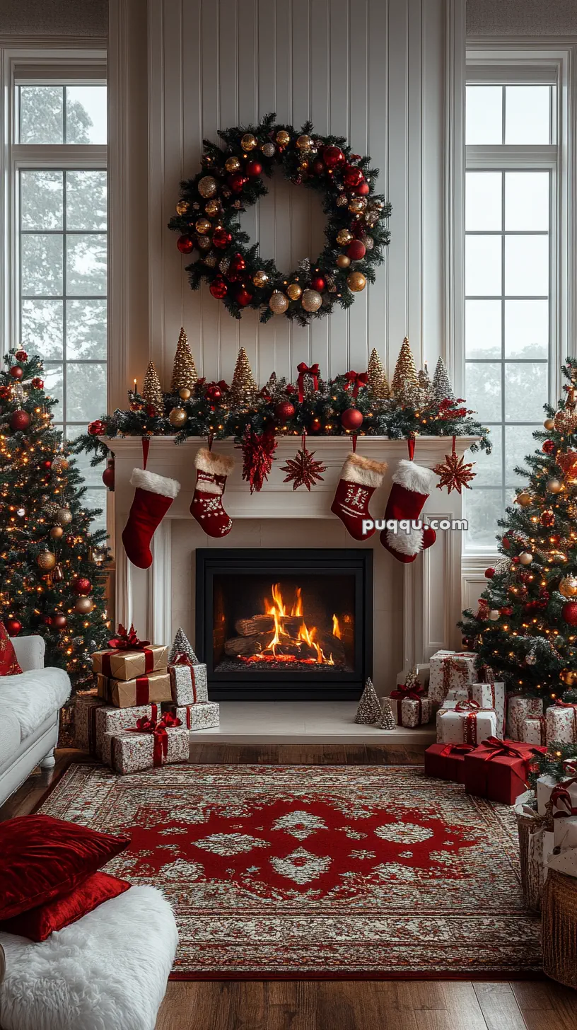 A cozy living room decorated for Christmas with a large wreath above the fireplace, stockings hanging on the mantle, a lit fire, and a Christmas tree adorned with ornaments.