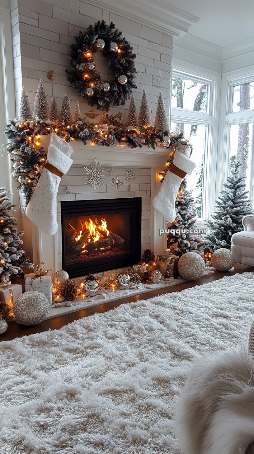 Cozy living room with a decorated fireplace, featuring a wreath, stockings, and Christmas trees, surrounded by twinkling lights and ornaments.