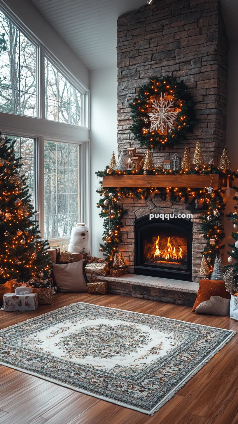 Cozy living room with a stone fireplace, lit Christmas trees, and a decorative wreath.