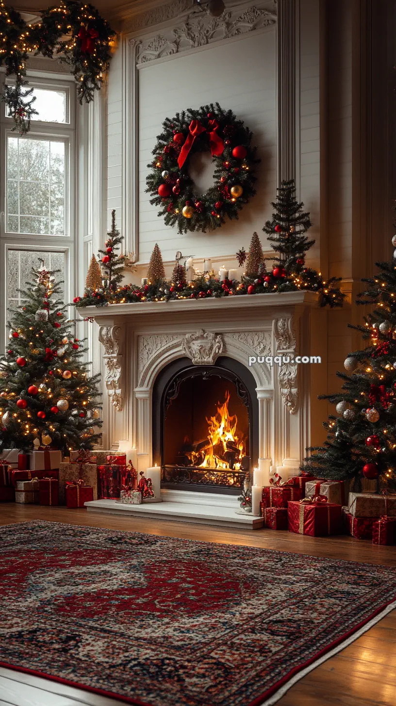 Cozy living room decorated for Christmas with a lit fireplace, ornate mantle adorned with garlands and candles, two Christmas trees with lights and ornaments, wrapped gifts, and a large wreath above the fireplace.