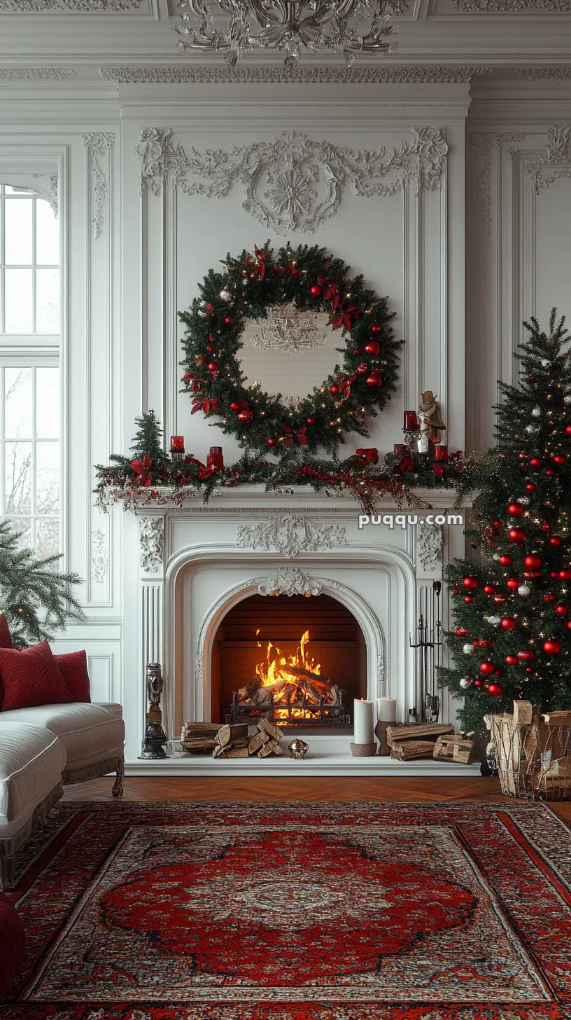 A cozy living room with a decorated fireplace, a large wreath, Christmas lights, and a Christmas tree. A patterned red rug and red cushions enhance the festive atmosphere.