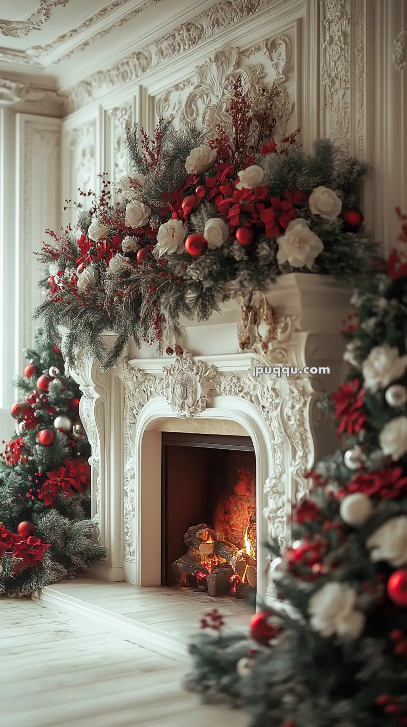 Ornately decorated fireplace with Christmas garlands and red and white ornaments.