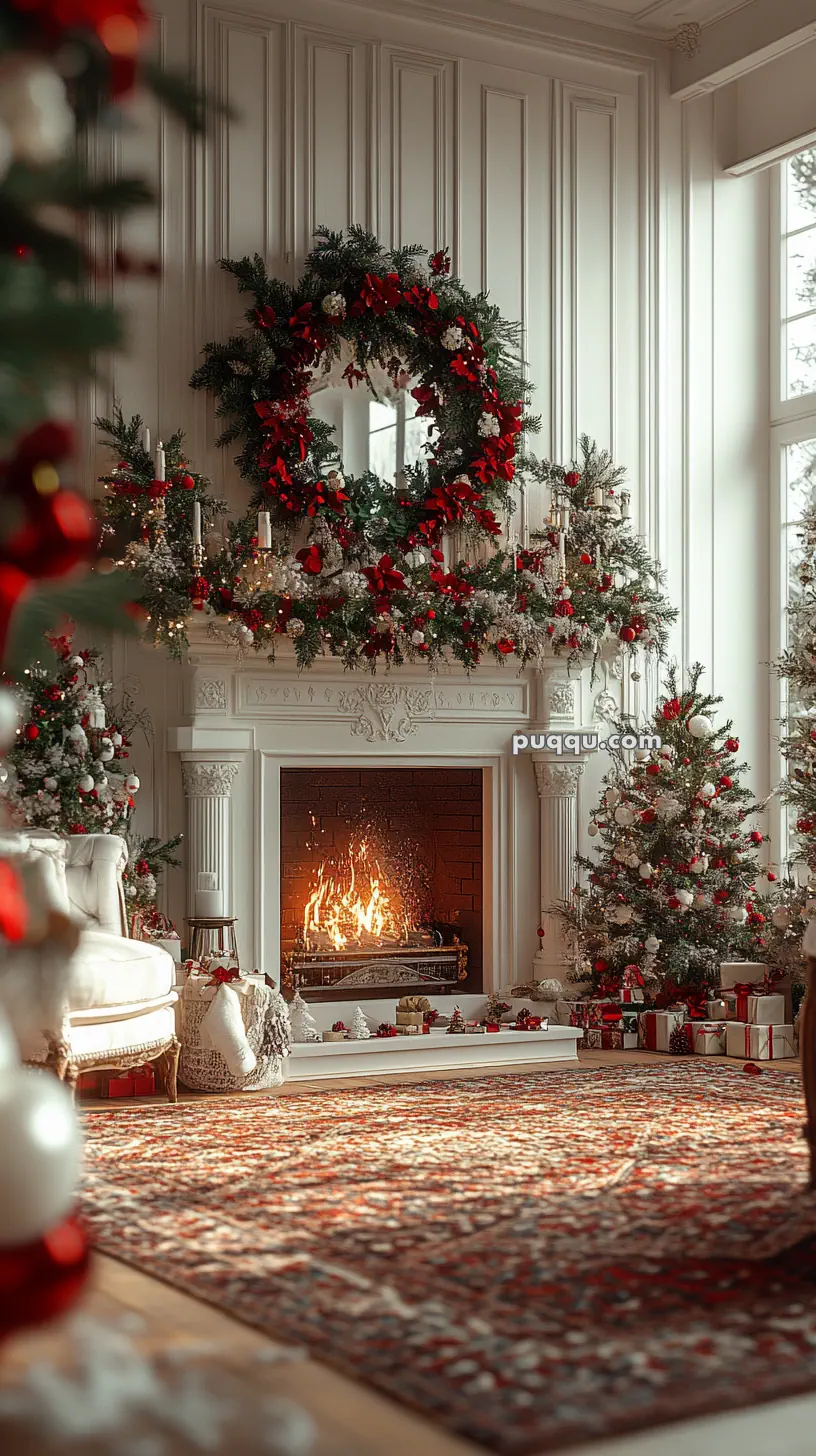 Elegant living room with a festive Christmas decor, featuring a large wreath and stockings above a lit fireplace, a decorated Christmas tree, and wrapped gifts.