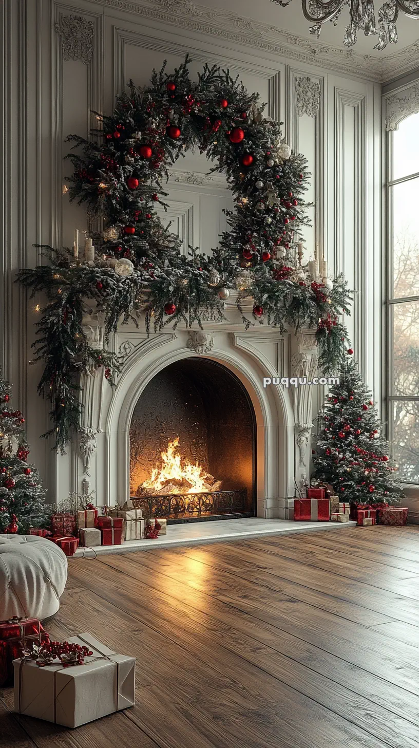 Elegant room with a decorated fireplace, surrounded by Christmas wreaths and garlands, a burning fire, and gifts on the wooden floor.