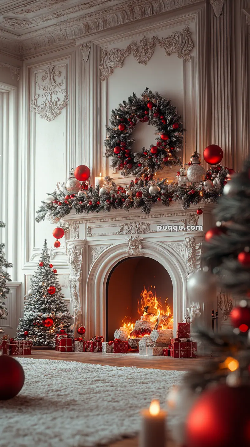 Elegant Christmas living room with a decorated fireplace, adorned with a wreath, garland, candles, and red and white ornaments, accompanied by a warmly lit fire.