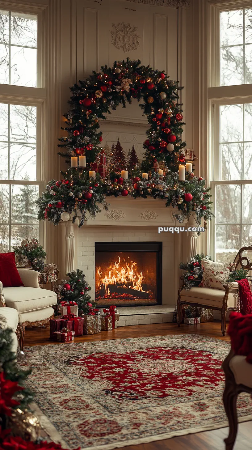 Cozy living room with a decorated Christmas fireplace, surrounded by festive garland, candles, and gifts.