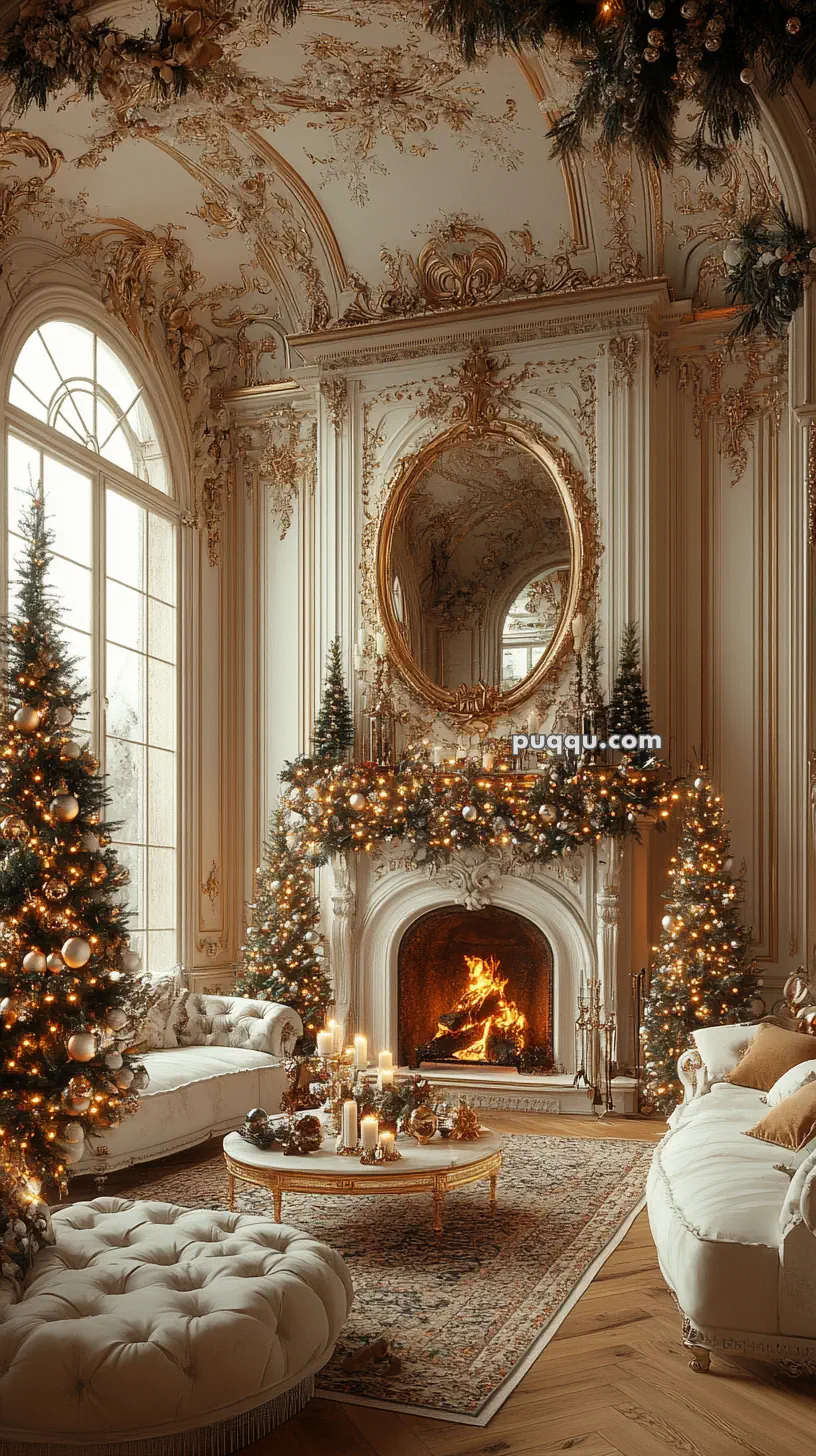 Ornate living room with Christmas decorations, a lit fireplace, and two Christmas trees.