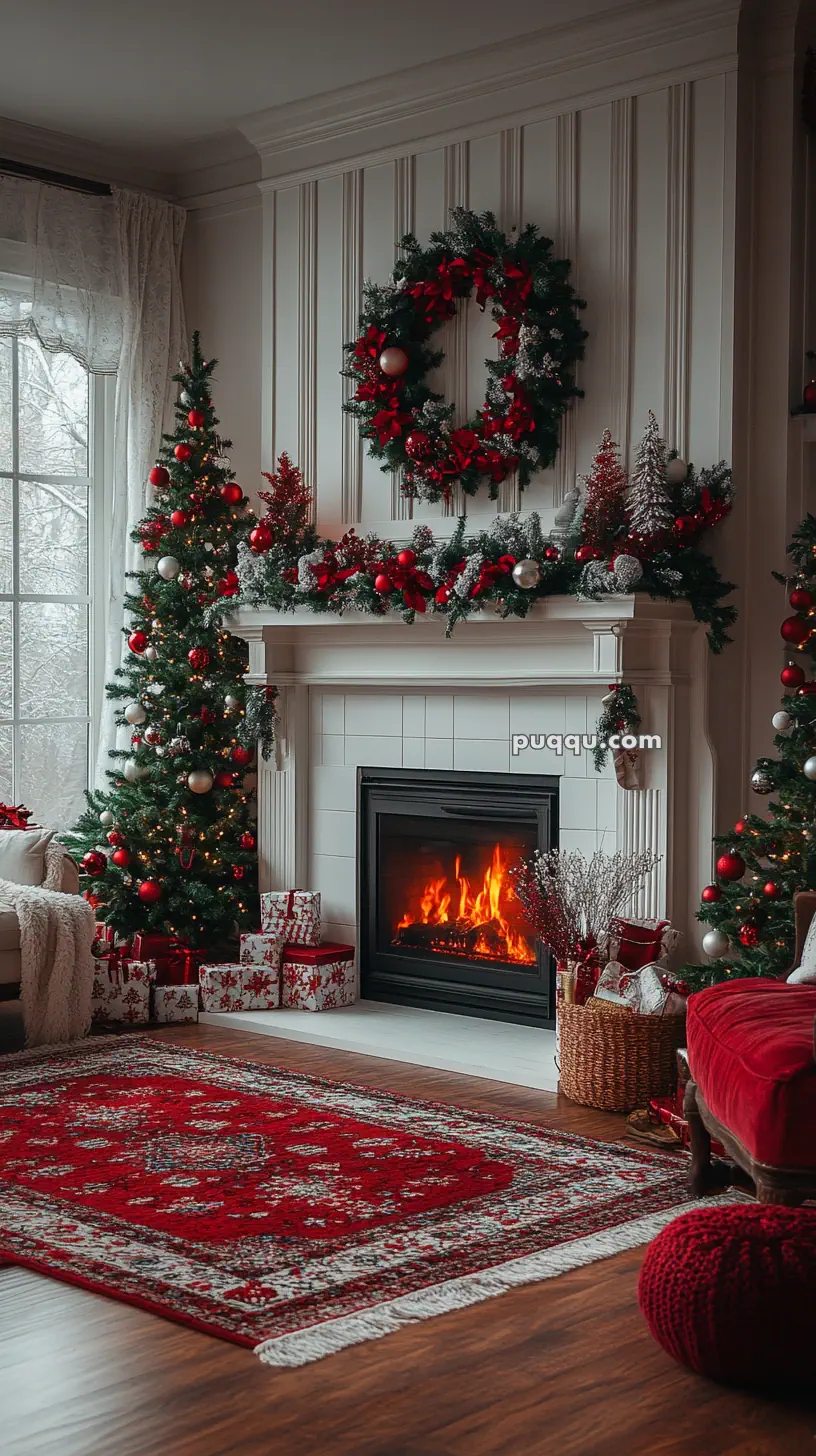 Cozy living room with a lit fireplace, decorated Christmas trees, wreath, and wrapped gifts.