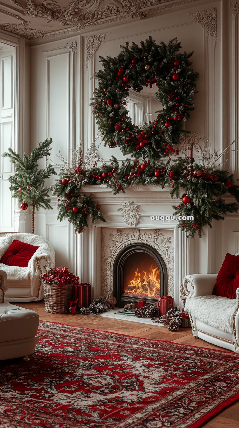 Elegant Christmas-decorated living room with a large wreath above a fireplace, adorned with greenery and red ornaments, flanked by festive trees and cozy seating.