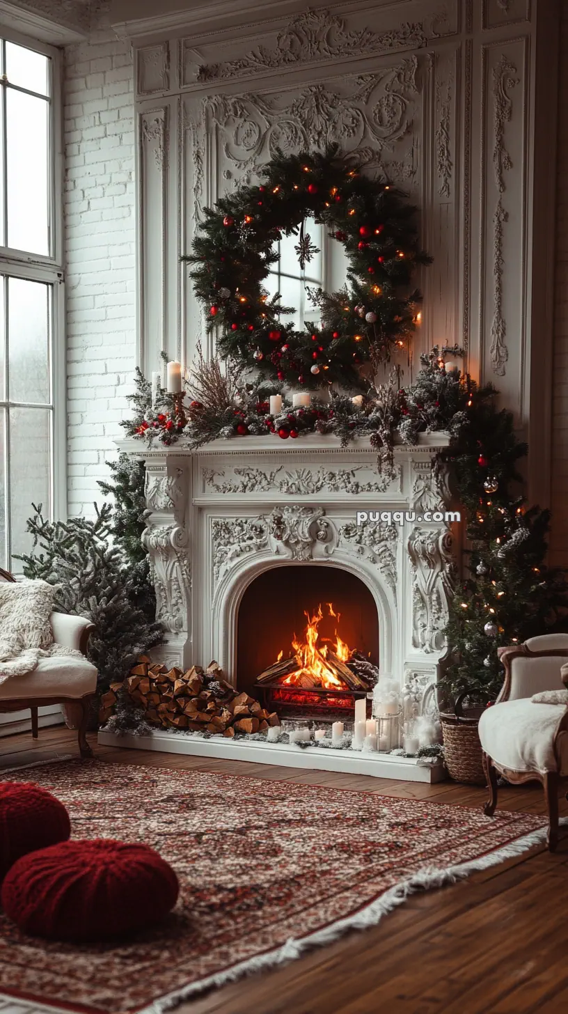 Elegant Christmas-themed living room with a decorated fireplace, large wreath, candles, and cozy seating.