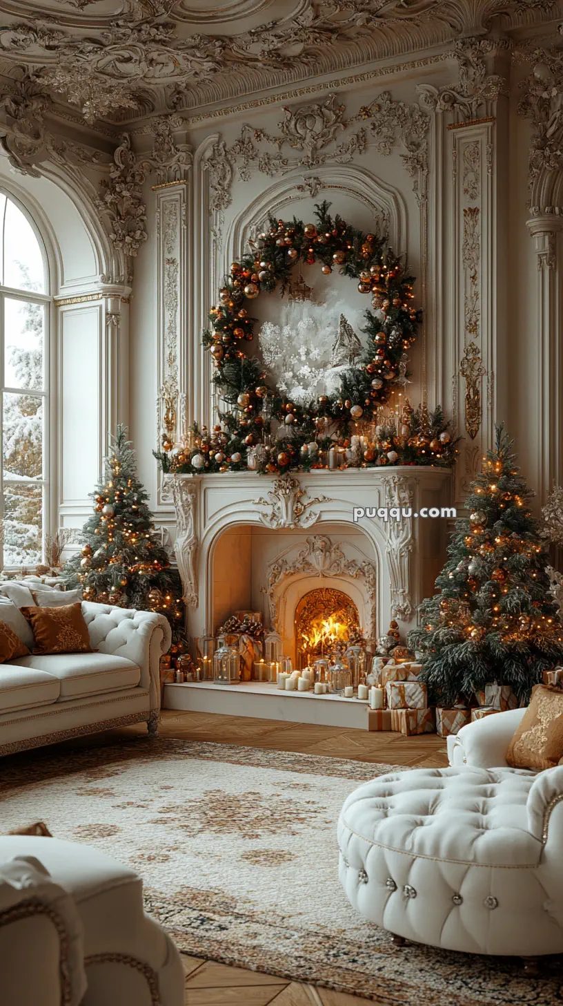 Luxurious living room with ornate Christmas decorations, including a large wreath above a fireplace, Christmas trees, candles, gifts, and plush white furniture.