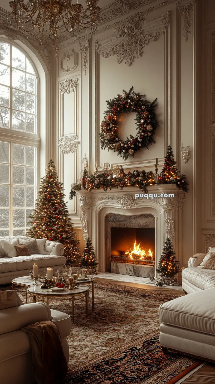 Elegant living room decorated for Christmas with a large wreath, Christmas trees, and a lit fireplace.