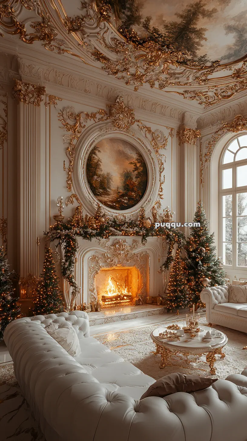 Opulent living room with ornate gold detailing, a large fireplace, decorated Christmas trees, and elegant white furniture.