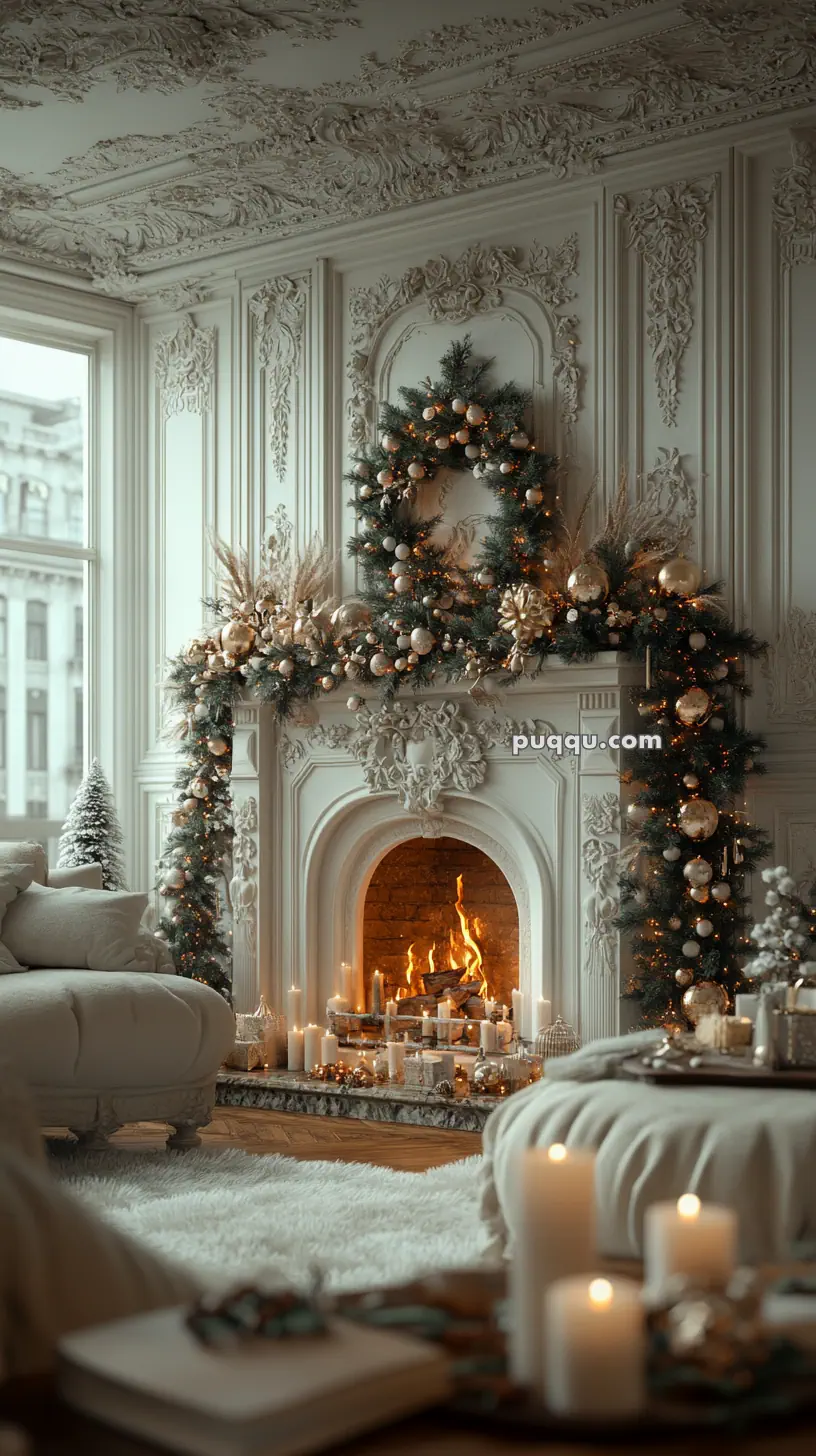 Elegant living room decorated for Christmas with a grand fireplace, garland, and candles.