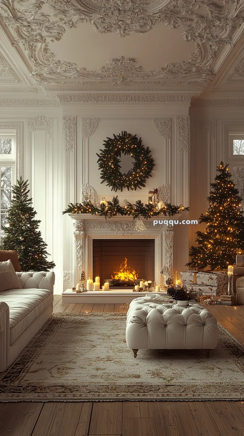 Elegant living room with ornate ceiling, Christmas trees, a lit fireplace, and candles.