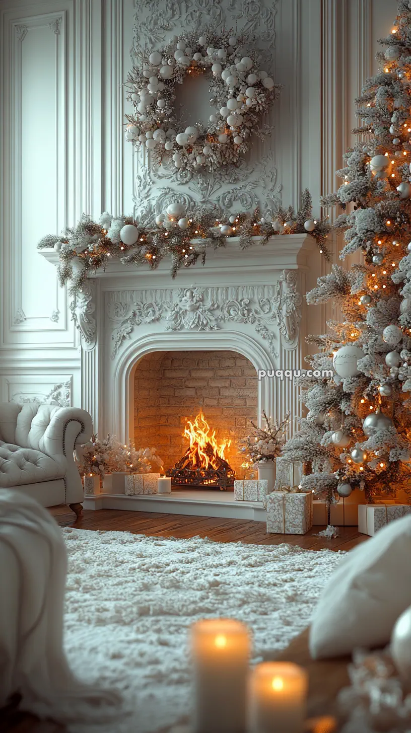 Elegant living room with a decorated Christmas tree, lit fireplace, candlelight, and festive wreath above the mantel.