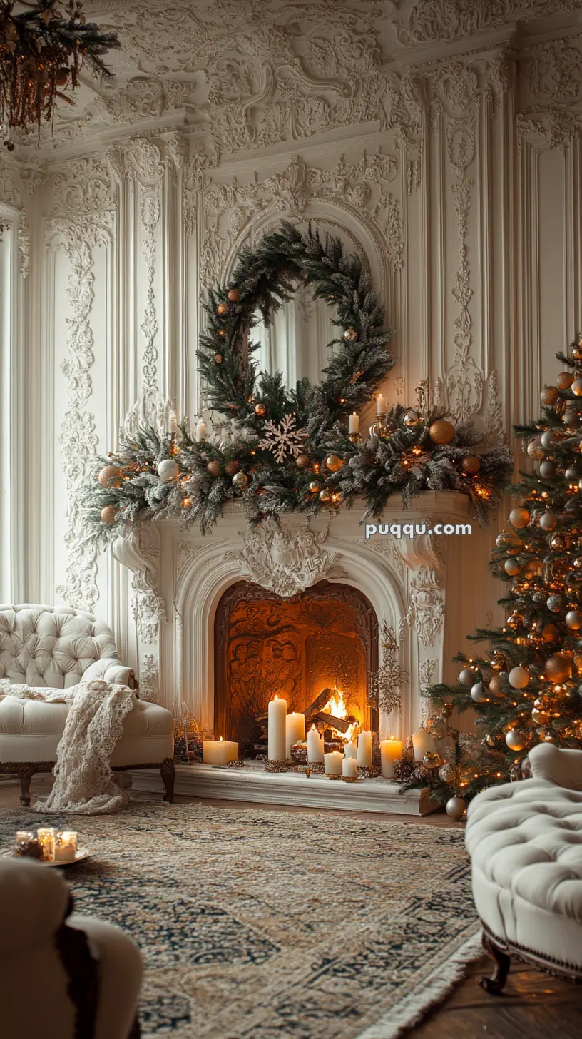 Elegant living room with ornate white walls, a decorated Christmas fireplace with wreath, candles, and a lit fire, flanked by a lush Christmas tree and plush seating.