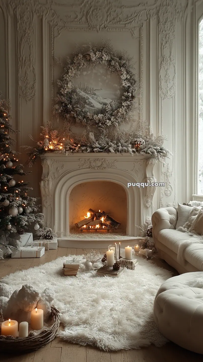 Elegant living room with ornate white fireplace, decorated with a winter-themed wreath and garland, a lit Christmas tree, and cozy candles.