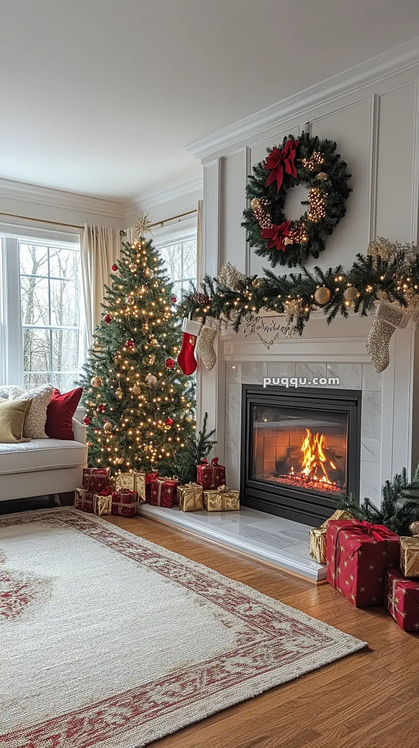 Cozy living room with a decorated Christmas tree, presents, stockings, wreath, and lit fireplace.