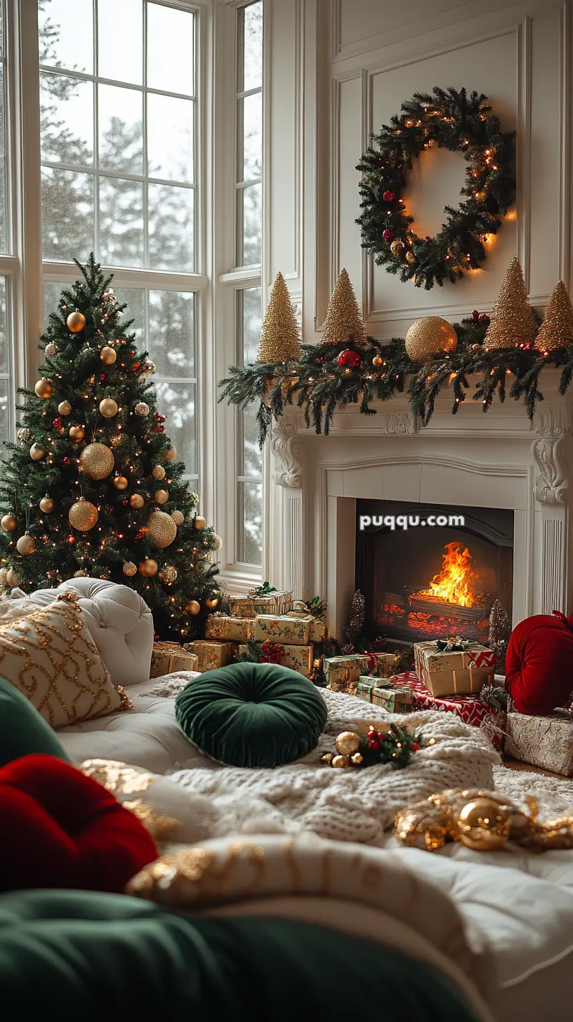 A cozy Christmas living room with a decorated tree, fireplace, garlands, wreath, and wrapped presents.