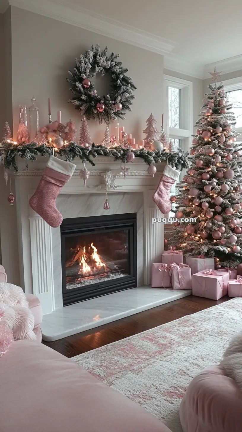 A cozy living room with a fireplace decorated for Christmas in pink and white, featuring a pink-themed Christmas tree, stockings, and wrapped gifts.