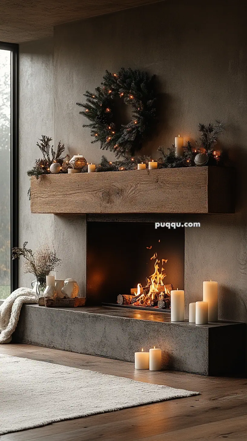 Cozy stone fireplace with burning logs, surrounded by lit candles and decorated with a festive wreath.