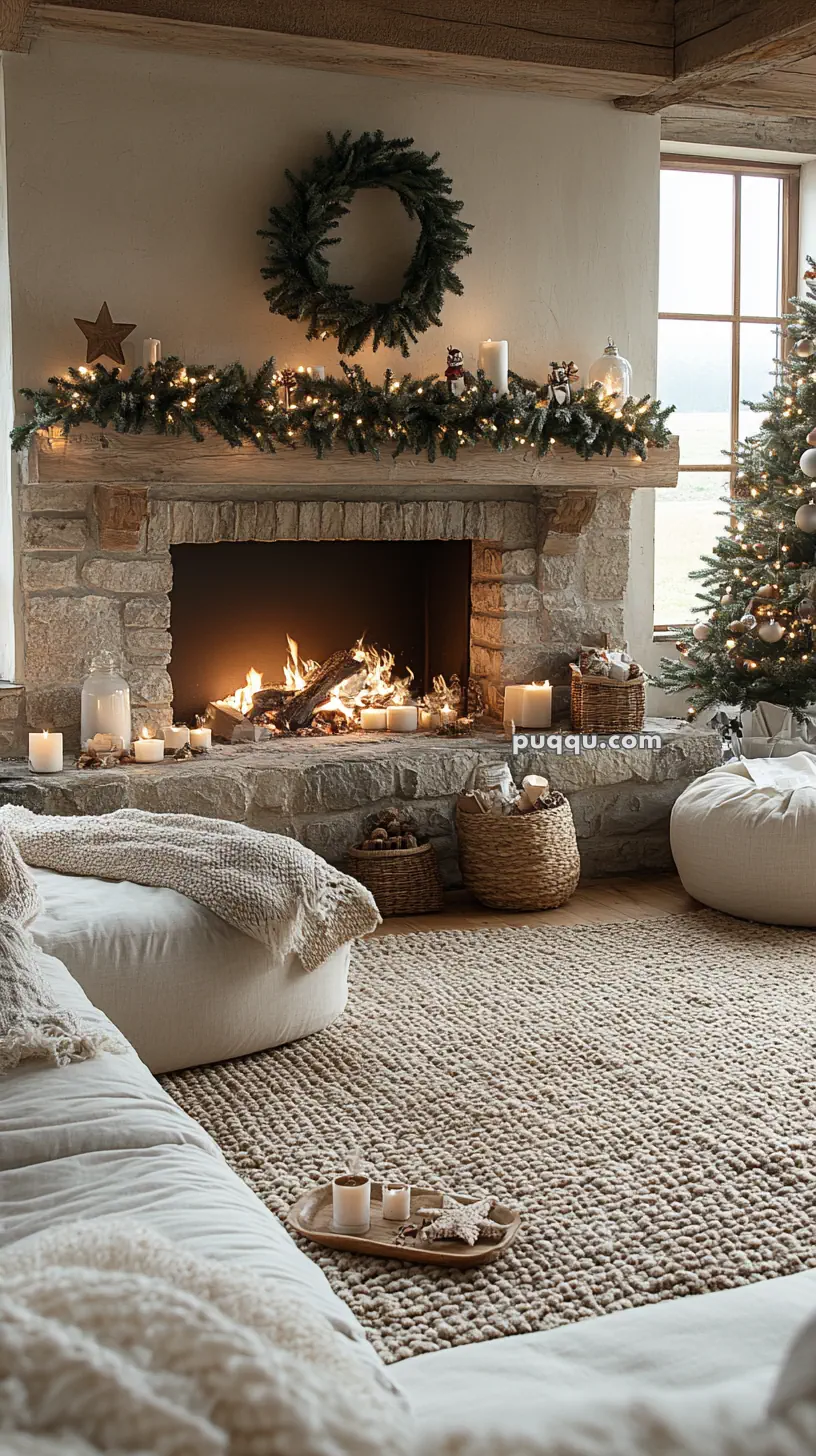 Cozy living room with a stone fireplace decorated with a wreath and garland, lit candles, a Christmas tree, and plush seating with a knit blanket.