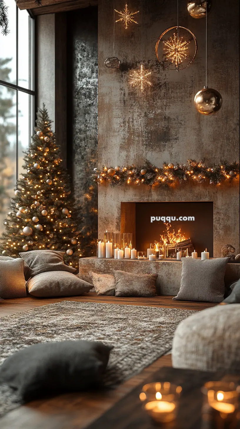 Cozy living room with a decorated Christmas tree, lit fireplace, hanging star decorations, candles, and soft pillows on the floor.