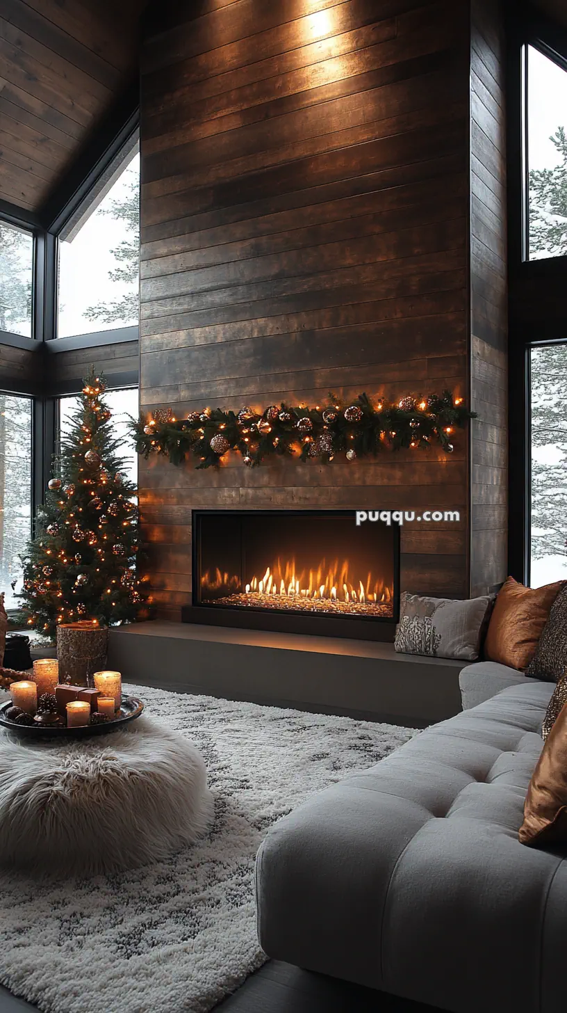 Cozy living room with a modern fireplace, decorated with garland and lights, a Christmas tree, candles on a fluffy ottoman, and a plush sofa.