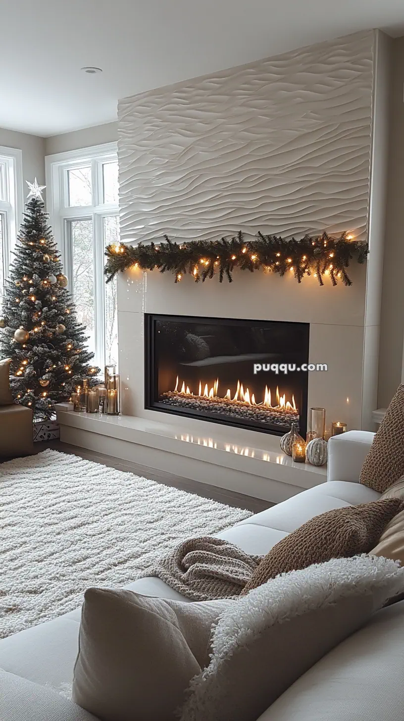 Cozy living room with a modern fireplace, Christmas tree, and festive decorations.