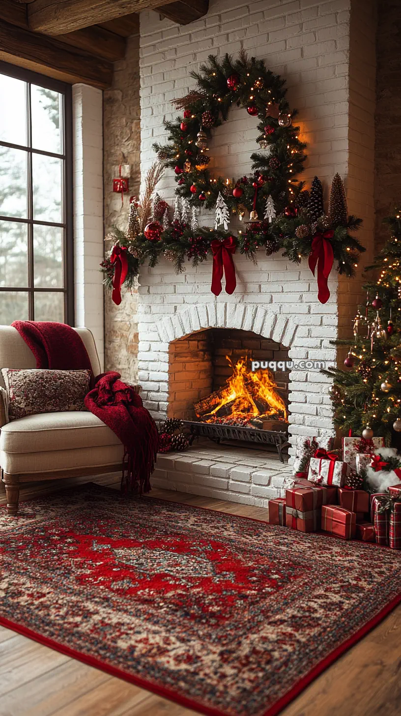 Cozy living room with a lit fireplace, a decorated wreath and garland above the mantel, a Christmas tree with lights and ornaments, and wrapped presents on the floor.