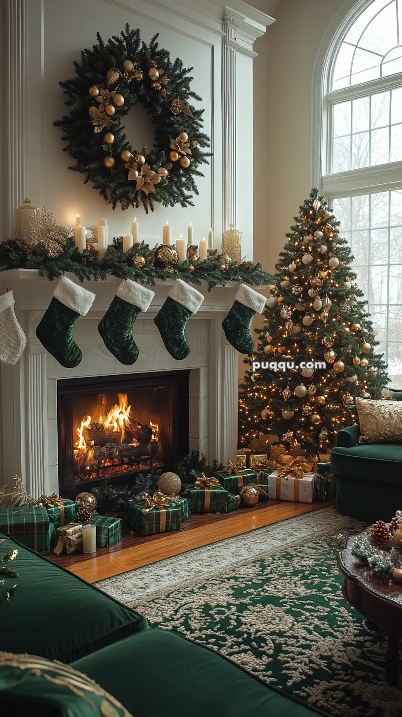 Cozy living room with a decorated Christmas tree, mantel adorned with garland and stockings, a wreath above, a lit fireplace, and presents beneath.