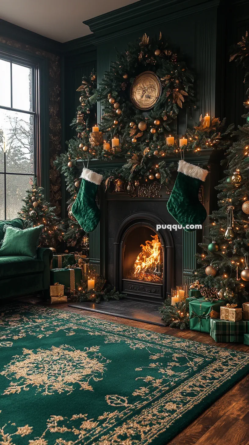 Cozy living room with a fireplace decorated for Christmas, featuring a green wreath, stockings, candles, Christmas trees, and wrapped gifts.