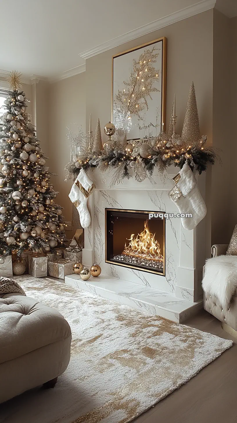 Cozy living room with a decorated Christmas tree, a burning fireplace, and stockings hanging on the mantel adorned with ornaments.