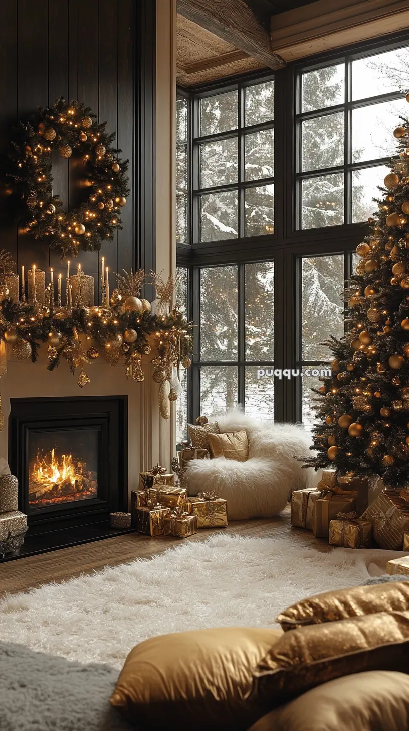 Cozy living room with a decorated Christmas tree, a lit fireplace adorned with garlands and candles, and snow visible through large windows.