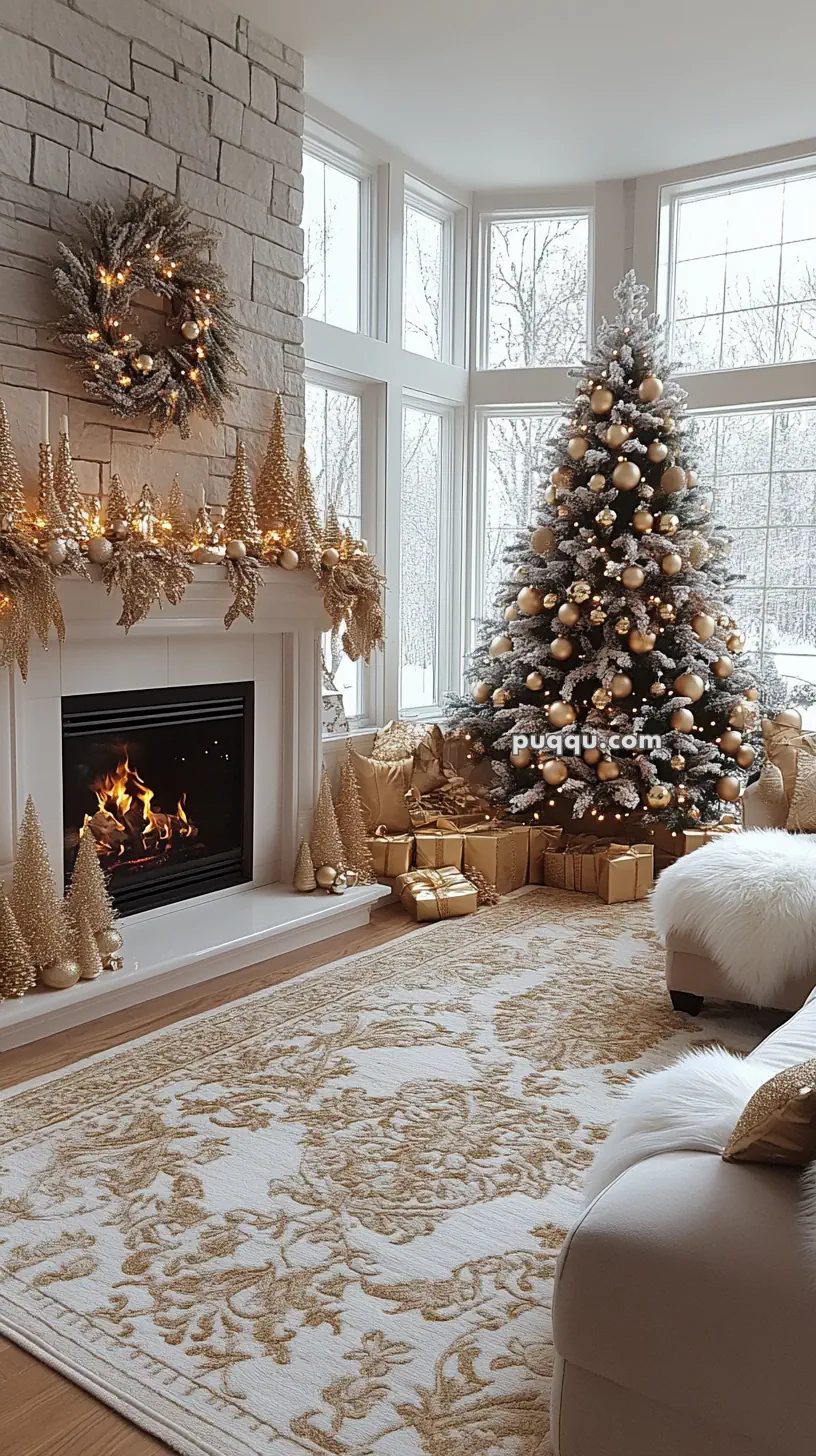 Cozy Christmas living room with a decorated tree, gifts, and a lit fireplace adorned with garlands and wreath.