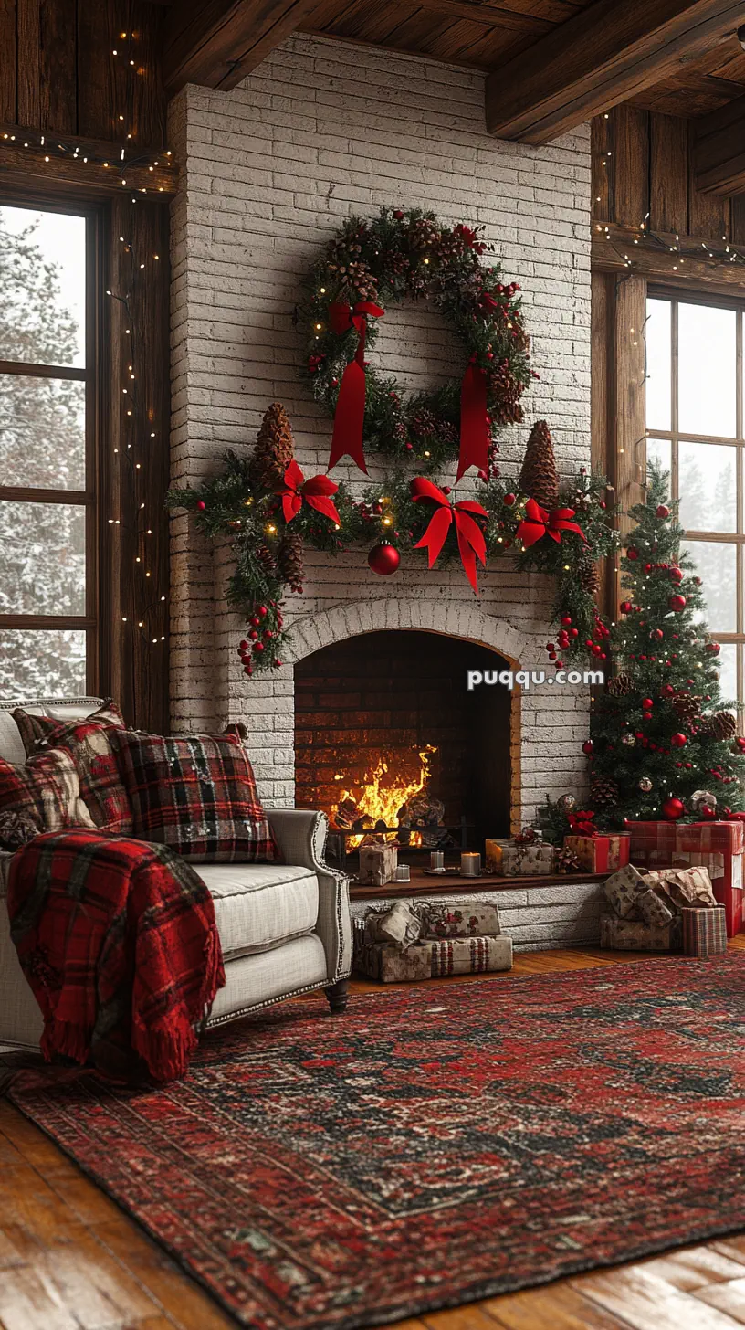 Cozy living room with a decorated Christmas tree, a wreath-adorned fireplace, presents, and a plaid-accented armchair.