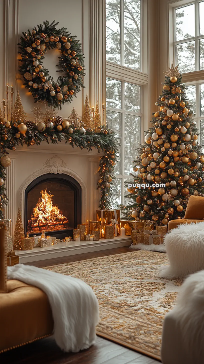 Cozy Christmas living room with a decorated tree, fireplace, wreath, and gold ornaments.