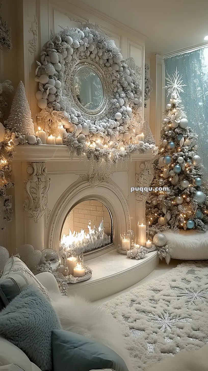 A beautifully decorated, cozy living room with a fireplace adorned with white and silver holiday decorations. A large wreath and Christmas tree with ornaments are lit with soft lights.