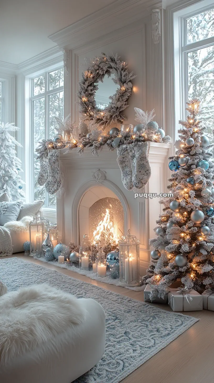 A cozy living room with a Christmas theme, featuring a decorated fireplace with stockings and garland, a lit Christmas tree adorned with ornaments, and an ambiance of candles and soft furnishings.