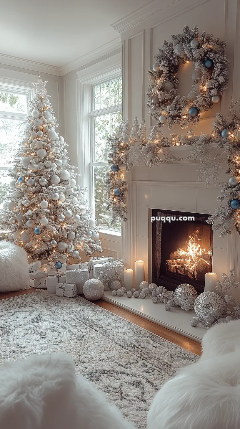 Cozy living room decorated for Christmas with a white and silver theme, featuring a Christmas tree, fireplace, wrapped gifts, and ornaments.