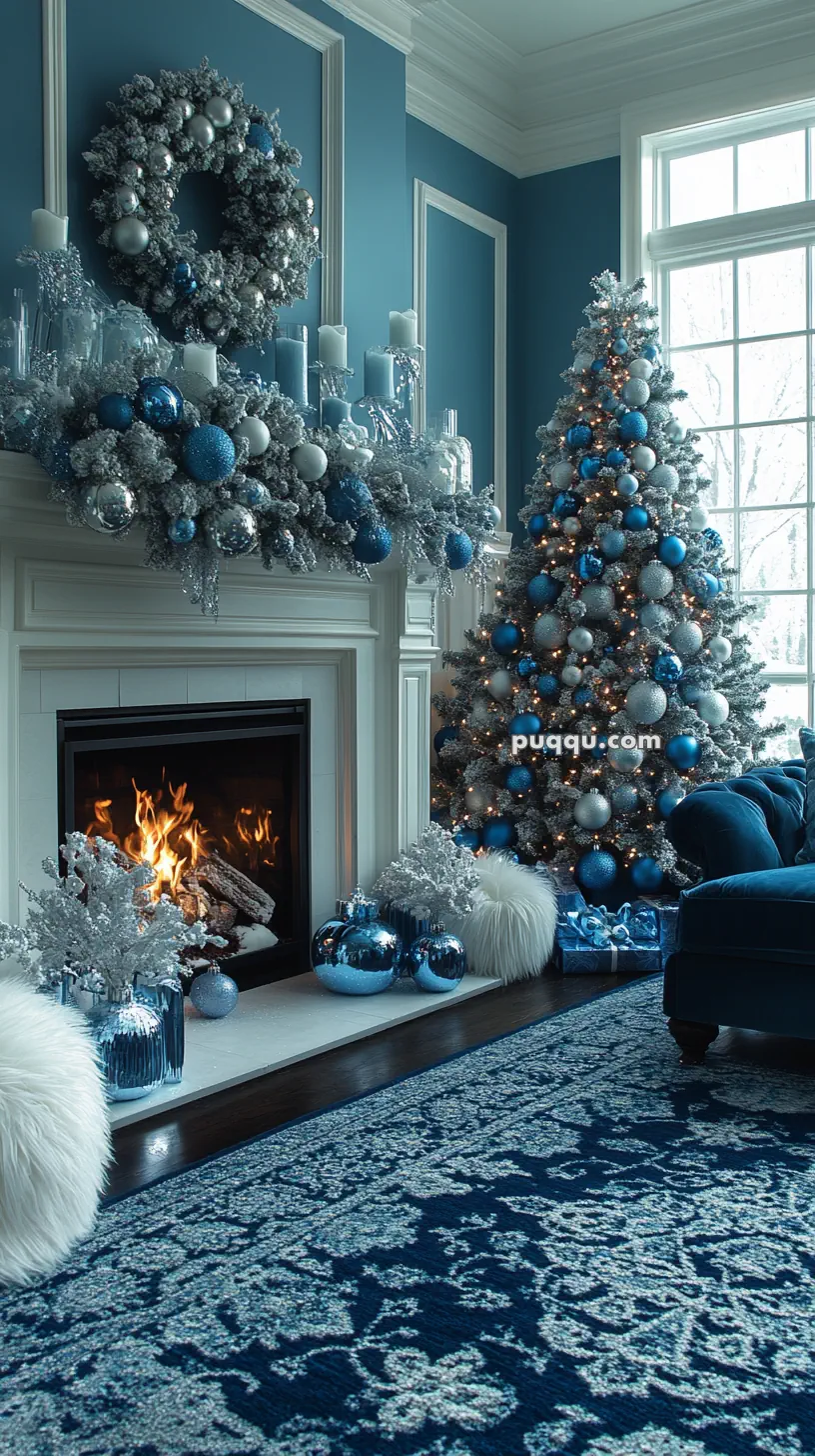 Luxuriously decorated living room with a blue and silver Christmas theme, featuring a festive tree, a wreath, and a garland above a lit fireplace.