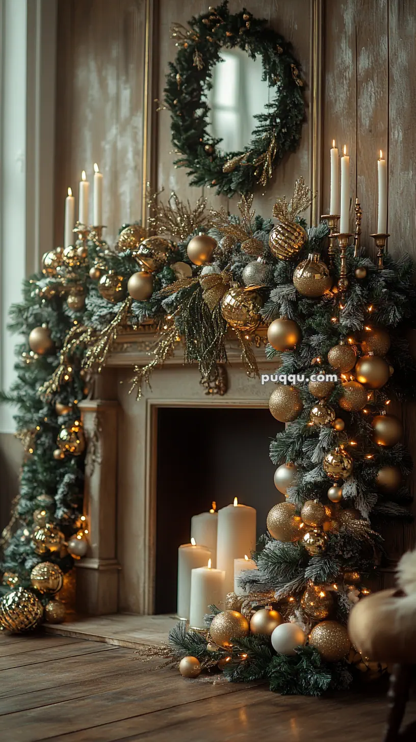 Elegant Christmas fireplace decorated with gold ornaments, pine garland, candles, and a wreath.