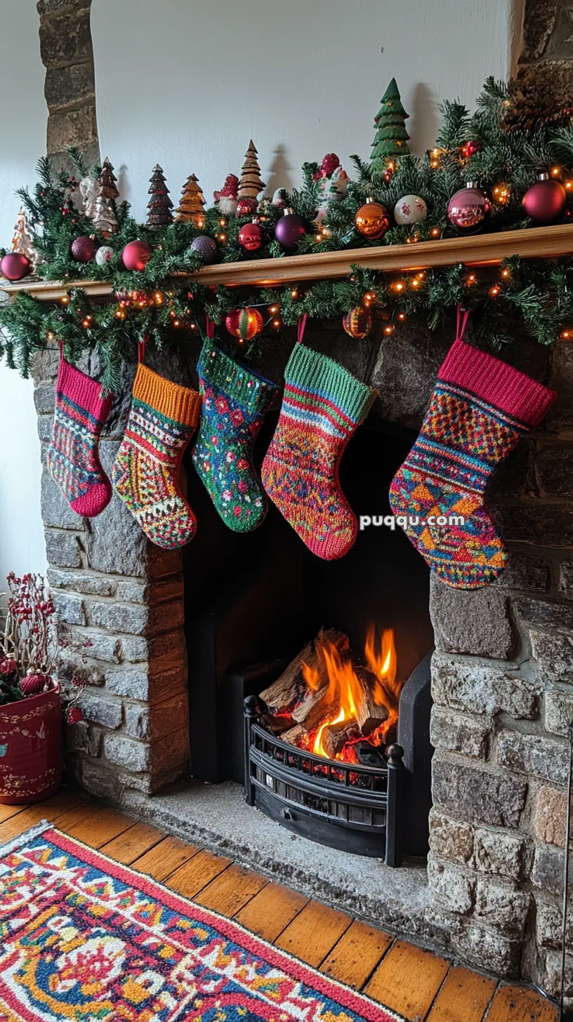 A cozy fireplace with five colorful Christmas stockings hanging from a decorated mantle adorned with garlands, lights, and ornaments.