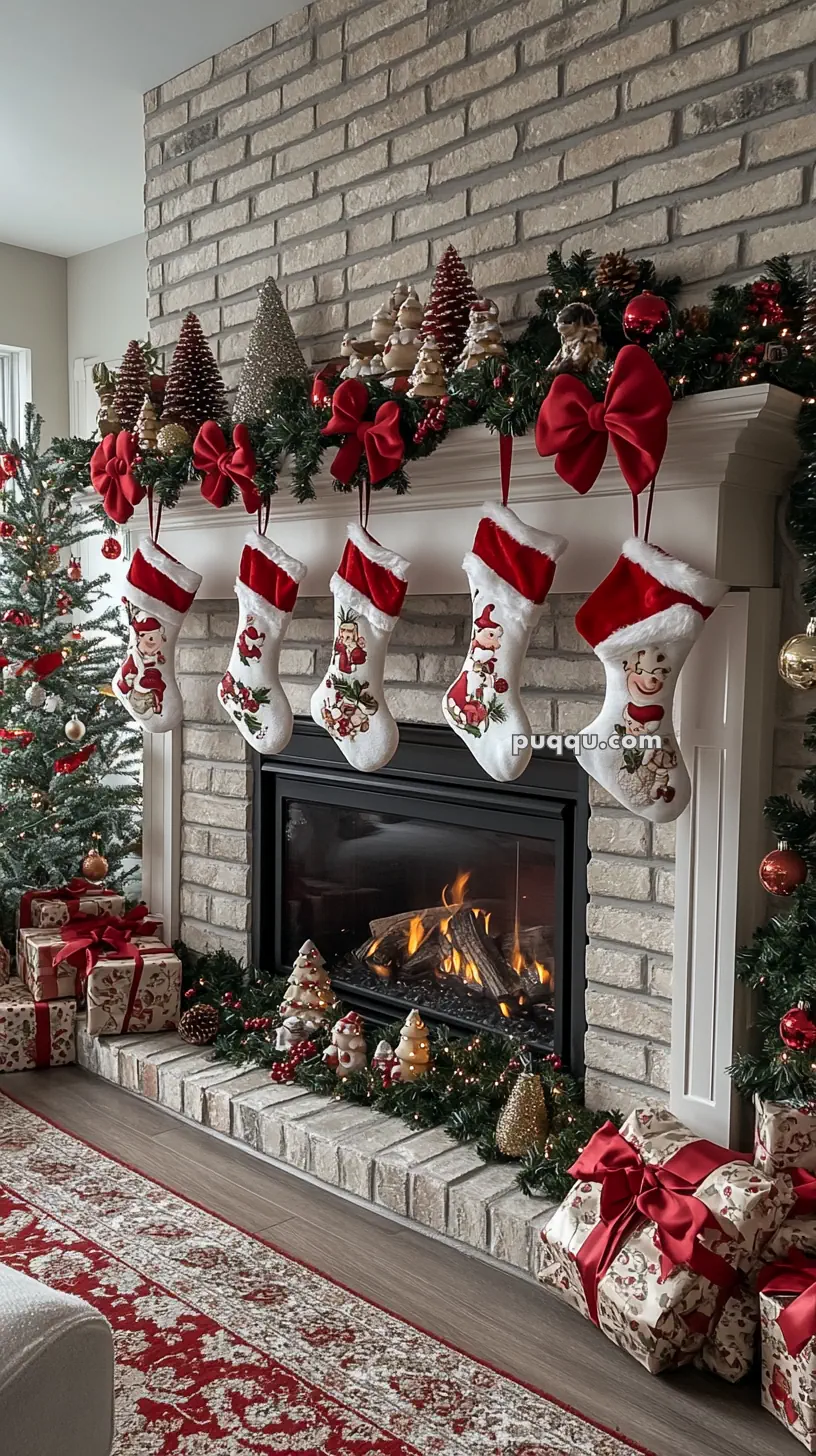 Cozy Christmas fireplace setting with stockings, garlands, ornaments, and wrapped gifts.