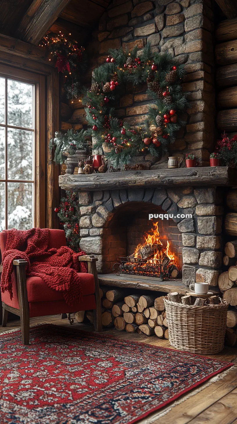 Cozy log cabin interior with a stone fireplace adorned with festive garland, a burning fire, a red armchair, and a patterned rug.