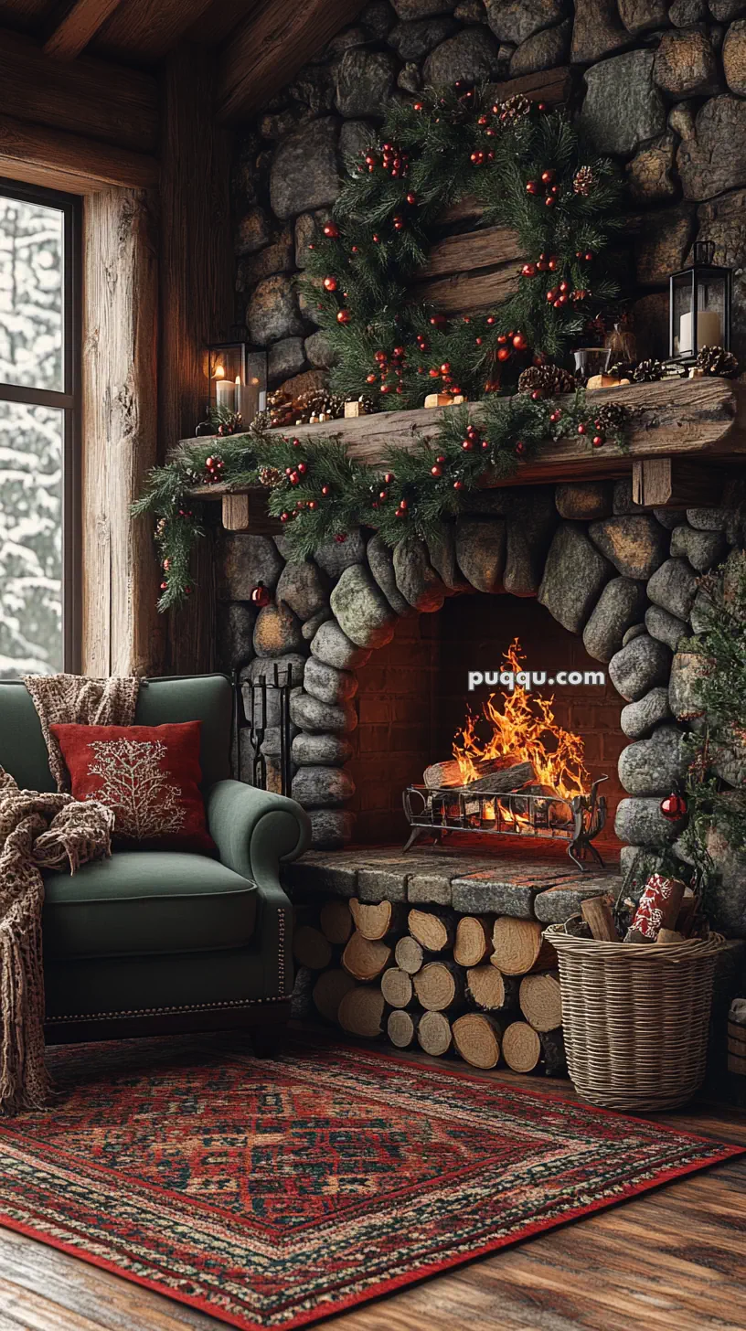 Cozy stone fireplace decorated with pine garland, wreath, and candles, next to a green armchair and a basket of firewood in a rustic cabin setting.