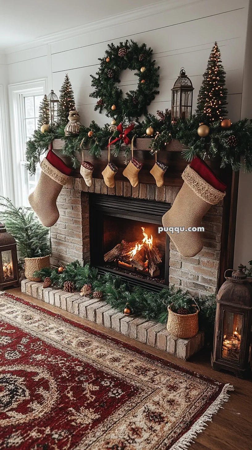 A decorated fireplace with a garland, Christmas stockings, a wreath, and lanterns, next to a patterned red rug.