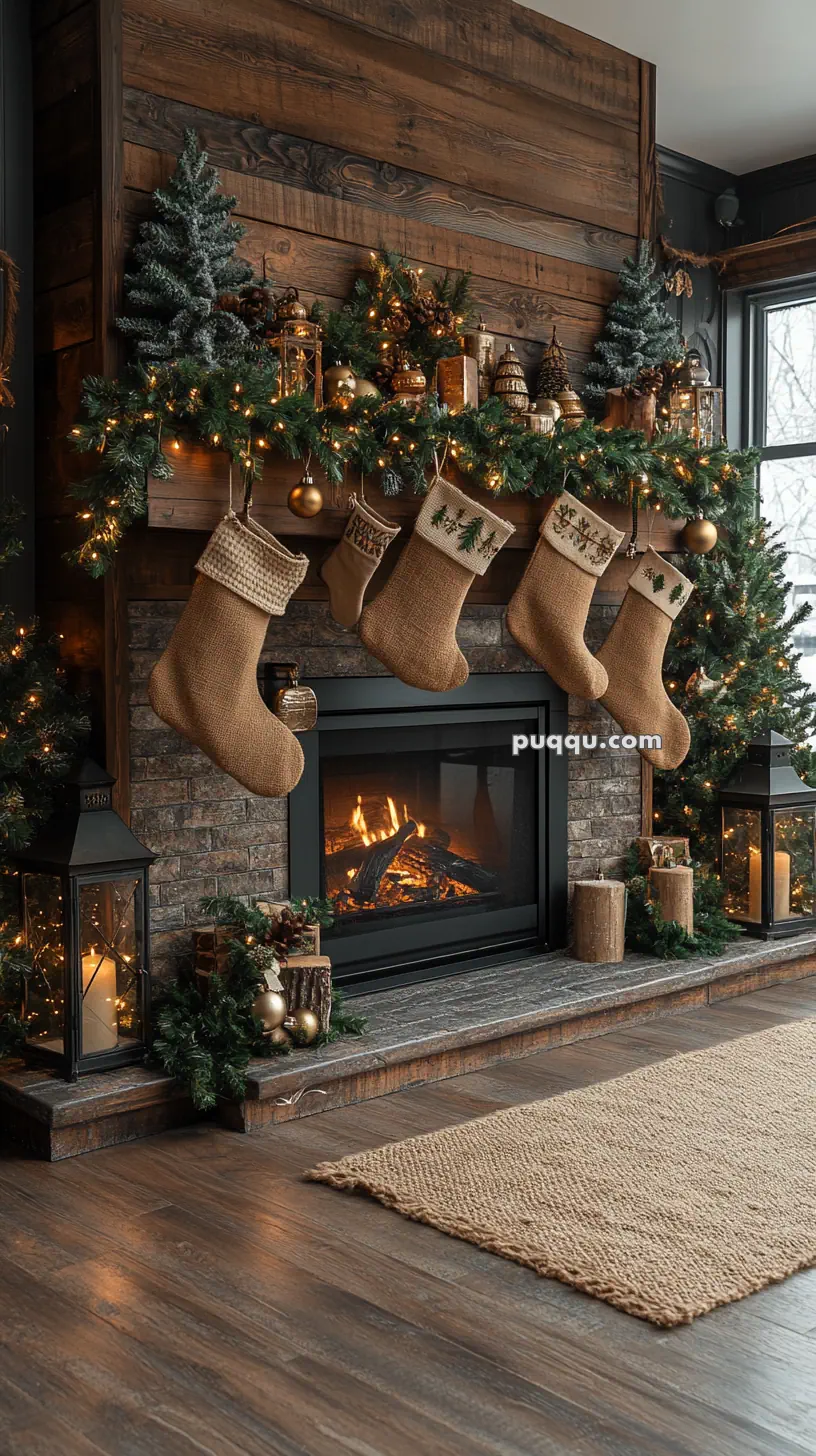 Cozy Christmas fireplace with stockings, garland, and glowing lanterns.